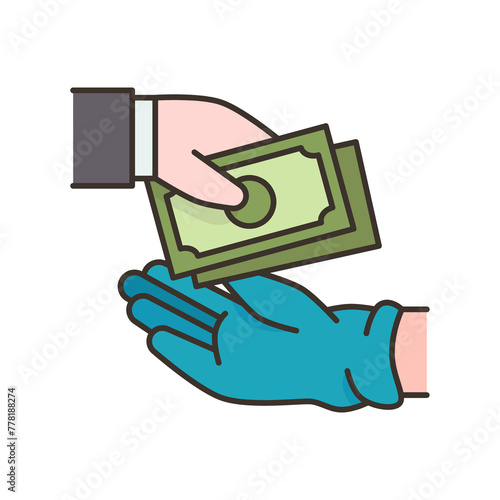 A hand holding money in a gloved hand