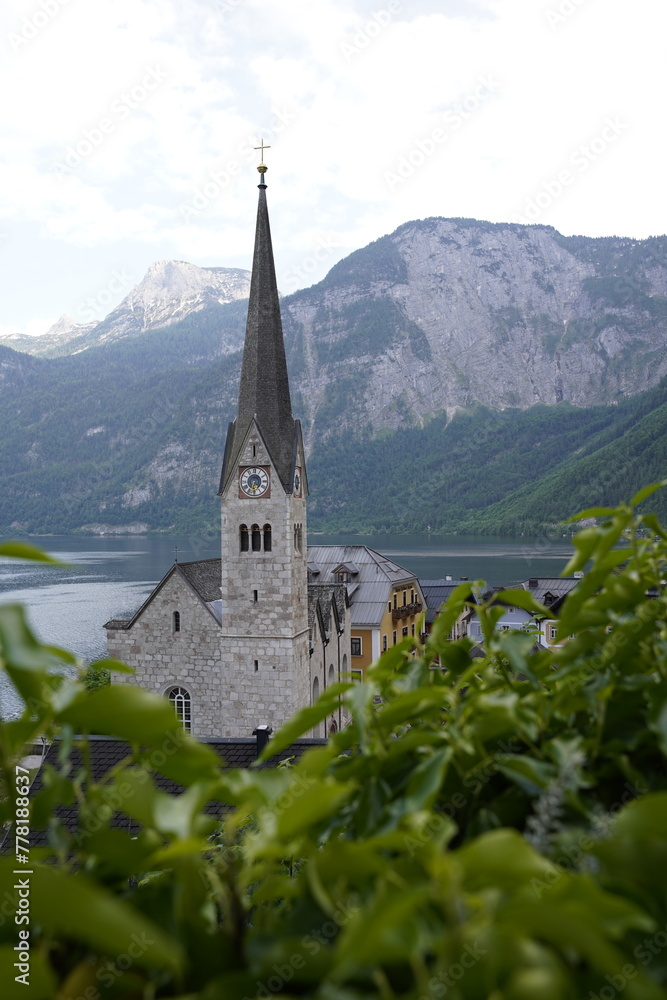 Views of the beautiful village of Hallstatt and the lake in Austria.