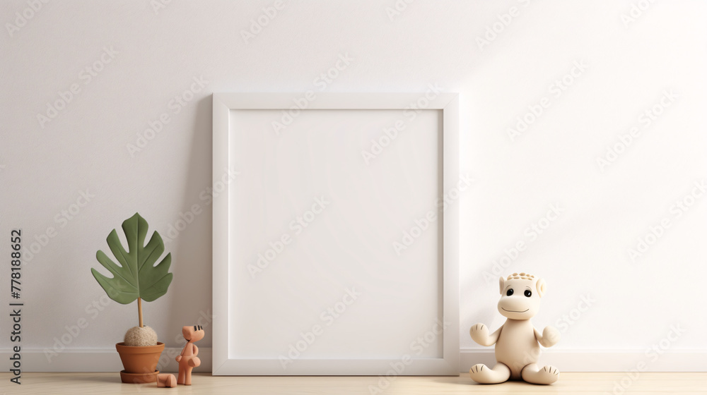 A blank frame is central, flanked by a toy and a potted plant, with a playful figurine seated beside it - obrazy, fototapety, plakaty 