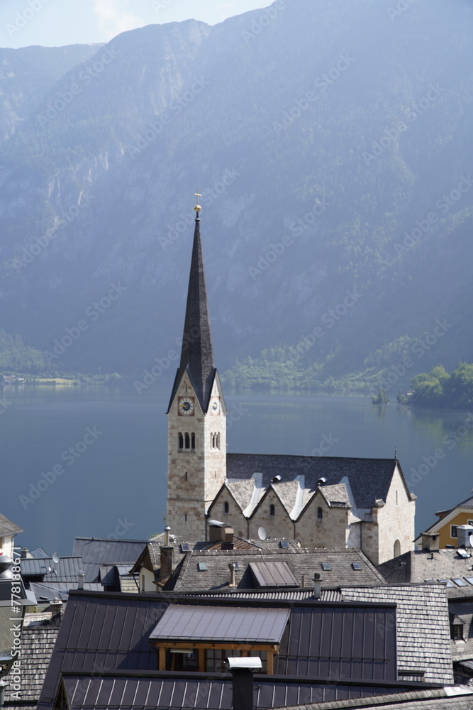 Views of the beautiful village of Hallstatt and the lake in Austria.