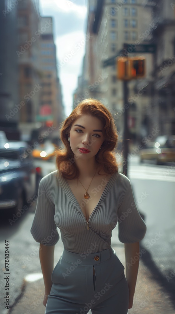 photography portrait of beautiful woman , stylish hair, background a New York street, in the style of George created by ai