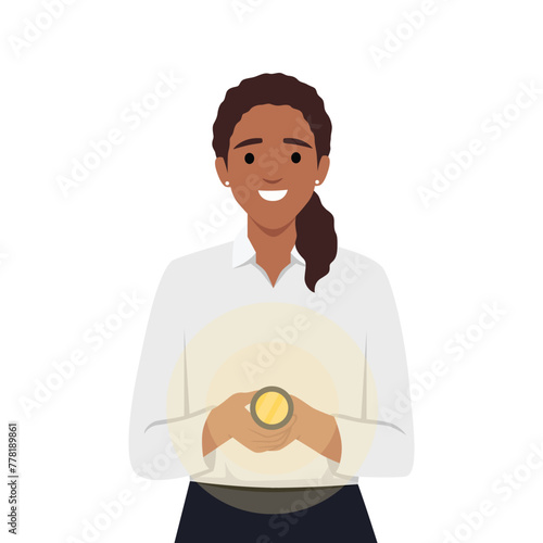 Woman with flashlight smiles and looks at screen recommending using device to light way. Flat vector illustration isolated on white background