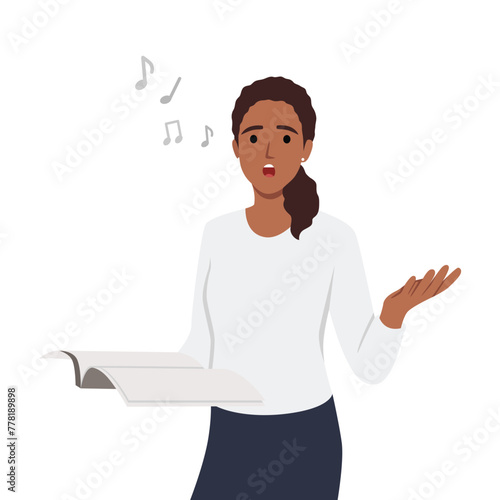 Female Music Tutor Holding a Song Book. Flat vector illustration isolated on white background