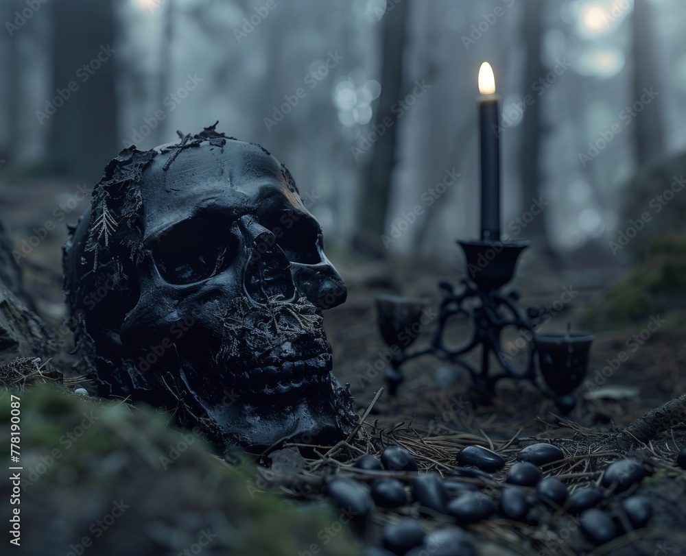 black magic candles with a skull on the ground with fog in the forest. black magic candles with a skull on the ground with fog in the forest.