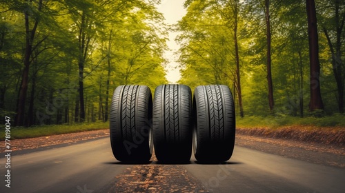 Car Tires Lined Up on a Forest Road - An Automotive Adventure