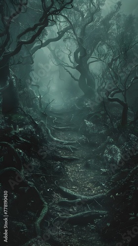 Enshrouded Pathway Through the Cursed Primordial Forest a Surreal and Cinematic D Render