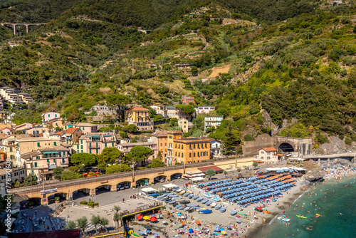 Monterosso, Italy - July 31, 2023: Beautiful village "Monterosso al Mare" in the famous Cinque Terre National Park in Liguria, Italy.