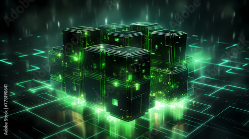 3D rendering of glowing technological data cubes