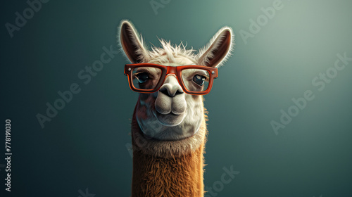A llama with red glasses, exuding a quirky, intelligent vibe against a dark background. © ChoopyChoop