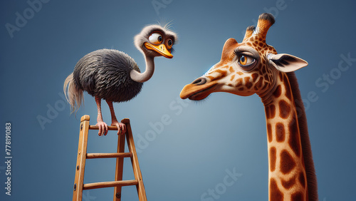 Quirky baby ostrich standing on a ladder, looking into the eyes of a giraffe. Cartoon illustration of animal. Concept of curiosity, courage, perspective, unconventionality, connection, fearless photo