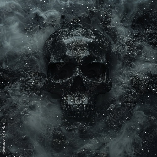 black skull on a black background with shimmer and fog.