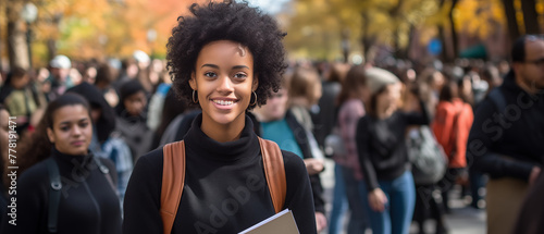Young African American female student smiling at camera, holding books, with bustling campus and diverse student crowd in the background, illustrating higher education and college life photo