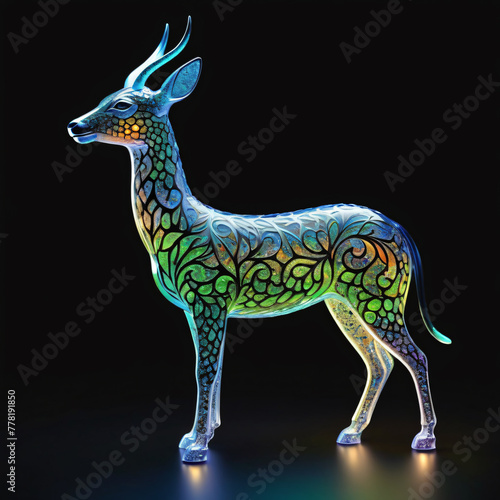 Decorative deer made of glass on a black background. 3d rendering