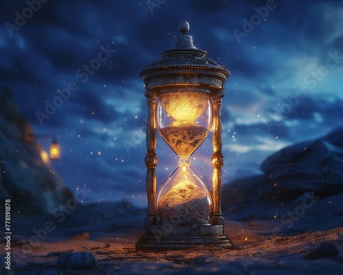 Ancient Hourglass, sand of time, mysterious artifact, depicting a journey through history, under a moonlit sky