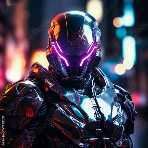 Sleek armor, futuristic tech, exploring a neon-lit cityscape at night, realistic, neon lights, Chromatic Aberration © sutanya
