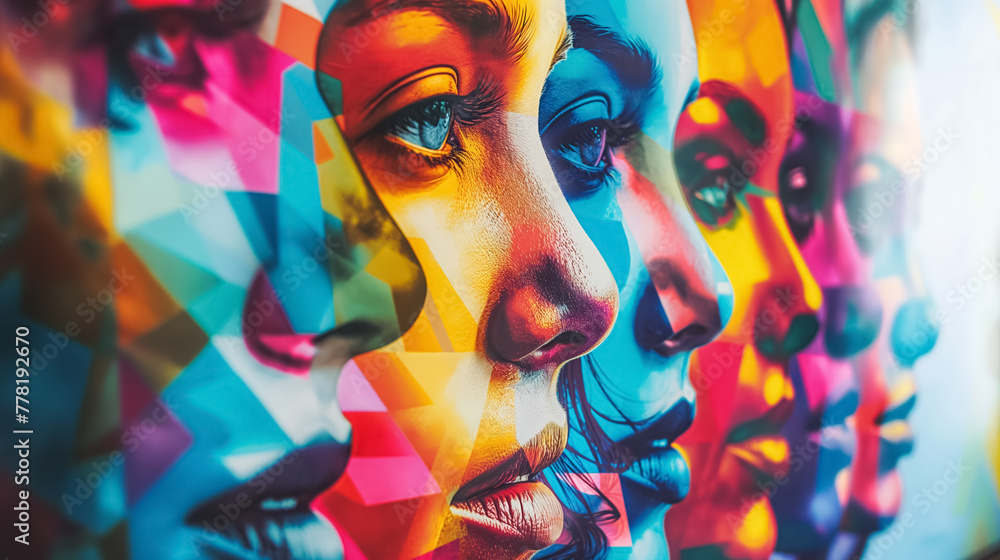 Fototapeta premium Vibrant abstract art showcasing multiple faces in a cascade of geometric colors, creating an optical illusion.