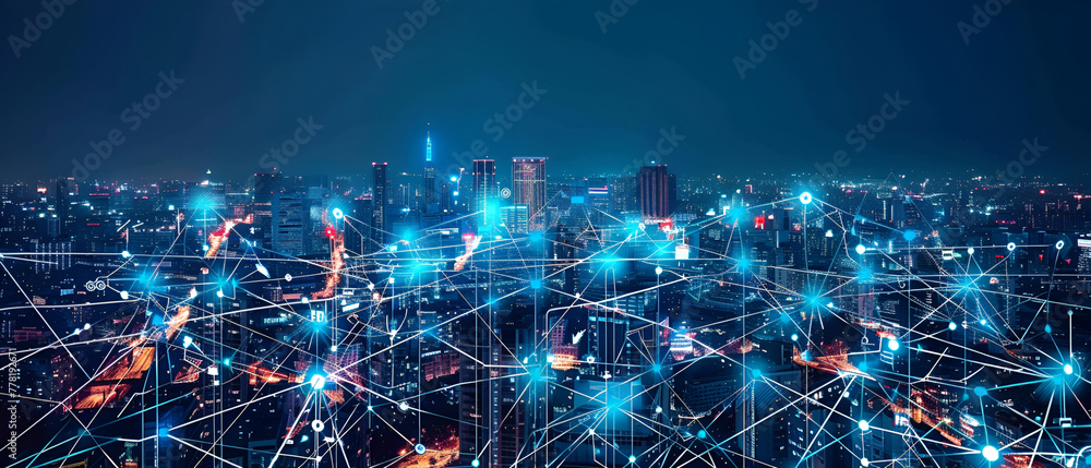 Network connection line between building over the top view of Cityscape at night, world map background which dicut each elements, cool tone color, network and connection concept