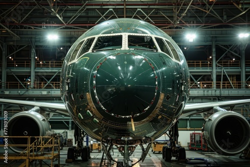 A man is seen overseeing the assembly of a large jetliner inside a spacious hangar