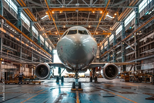 A large jetliner undergoing assembly with a person nearby inside a hangar
