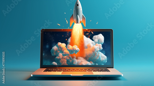 Spacecraft Blasting Off from Computer Screen with Vibrant Backdrop
