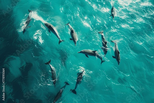 A group of dolphins swimming together in the turquoise ocean