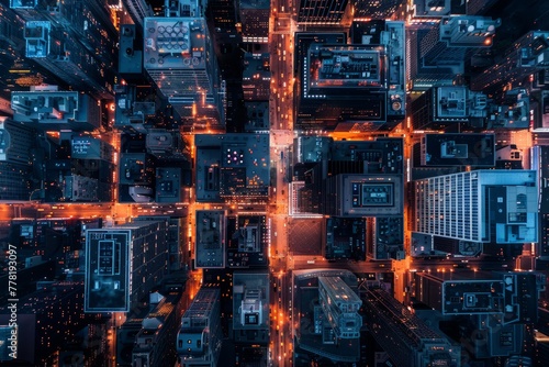 An aerial perspective of a city at night showcasing brightly lit buildings and streets bustling with activity photo