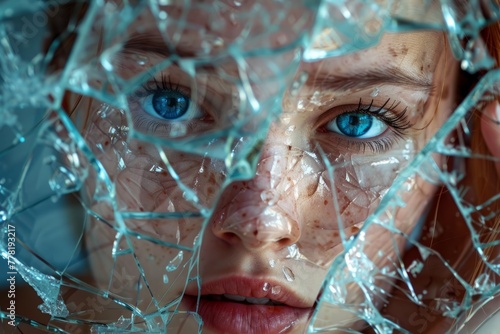 Closeup portrait of a woman with blue eyes peering through shattered glass fragments © Ilia Nesolenyi