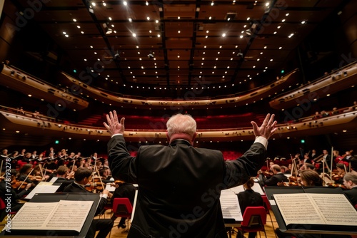 A conductor stands in front of an orchestra, directing the musicians as they perform on stage photo