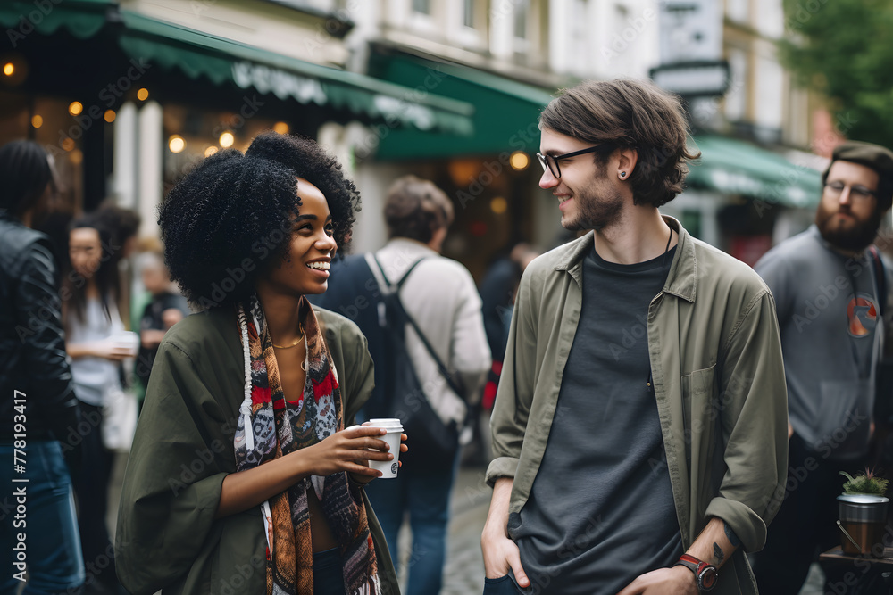 two diverse people having a conversation on the street, having a conversation n the streets two diverse people having a conversation on the street, having a conversation n the streets