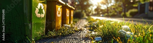 Recycling bins, clean energy, protecting the planet, promoting green initiatives