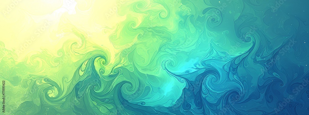 Abstract fluid art background in green and blue colors. The color swirls create an elegant, artistic pattern with swirling shapes