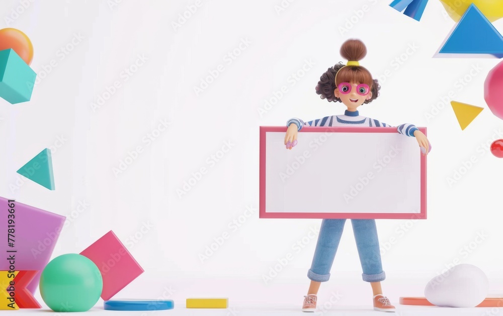 3D cartoon character smiling girl with brown skin holding a blank whiteboard