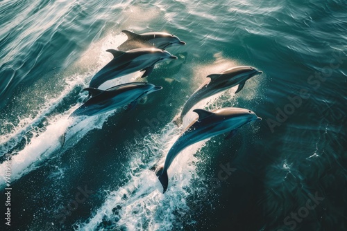Aerial view of dolphins swimming together in the ocean  gracefully surfing the waves