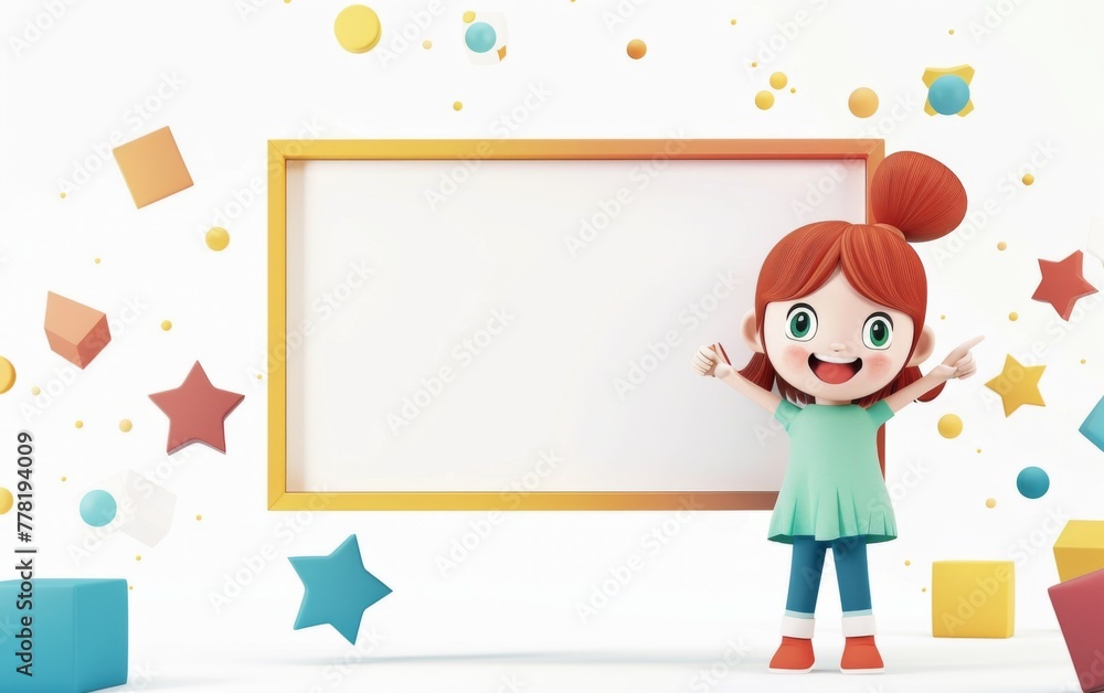 3D cartoon character smiling girl with brown skin holding a blank whiteboard 3D cartoon character smiling girl with brown skin holding a blank whiteboard