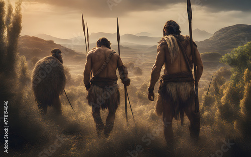 Close rear view of Prehistoric men hiding behind bushes with spears, looking at Mammuths in a plain in background photo