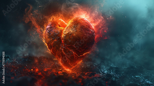 A fiery heart burns intensely amidst smoke and ashes, symbolizing passionate yet destructive love. photo