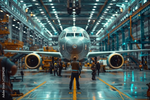 A wide shot of a massive jetliner sitting inside a hangar on a factory floor