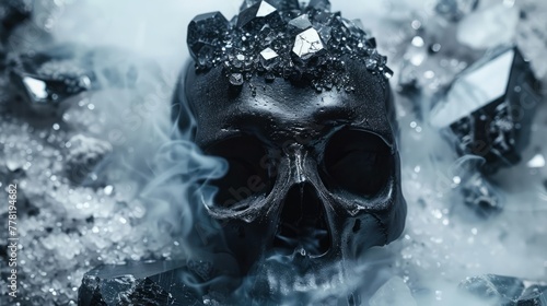 black skull on a black background with fog.