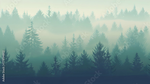 Misty landscape with fir forest in vintage retro style 