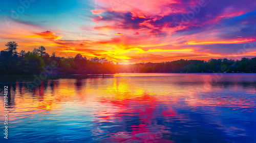 An image of a vibrant sunset over a serene lake, with colorful reflections shimmering on the water