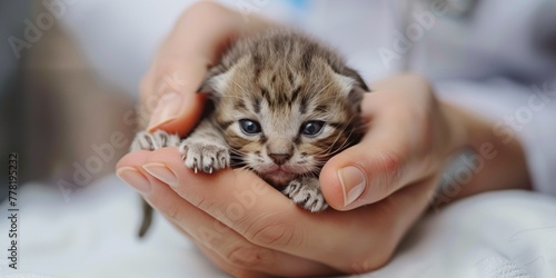close up of a sweet little newborn kitty in the hand of a vet