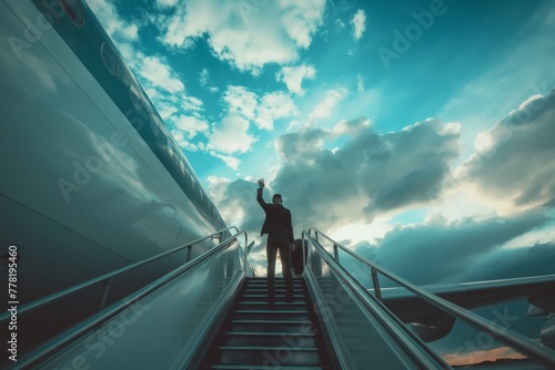 Businessman with luggage ascending airstairs of a private jet against a dramatic sky, depicting luxury travel and success.