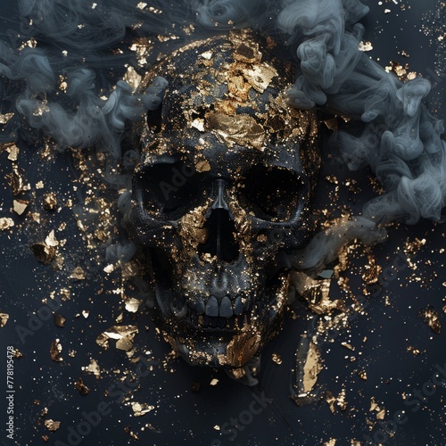 black skull with pieces of gold on a black background with fog.
