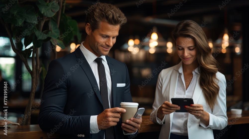 businessman using smartphone and businesswoman holding coffee cup in coffee shop businessman using smartphone and businesswoman holding coffee cup in coffee shop