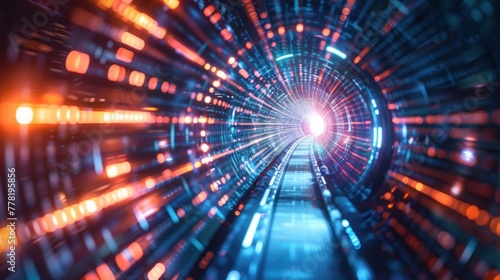 Abstract futuristic background cyber tunnel with orange blue glowing neon lines and flare lights, limitless possibilities and horizons of IT technology in the future