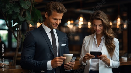 businessman using smartphone and businesswoman holding coffee cup in coffee shop