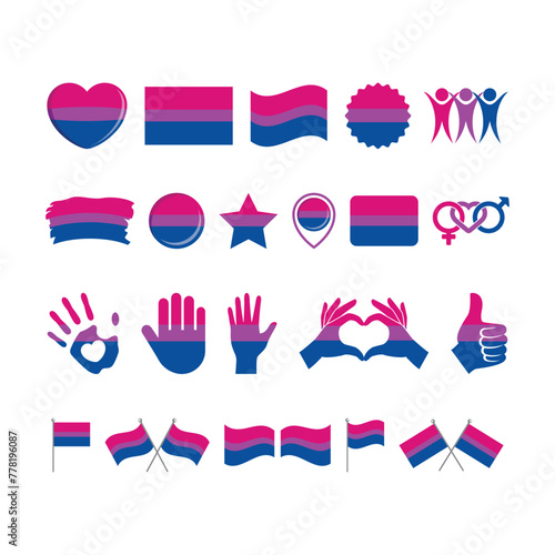 Bisexual Pride Flag and symbols many icon set vector. Bisexual pride flag graphic design element isolated on a white background. Bisexual icons in flat style