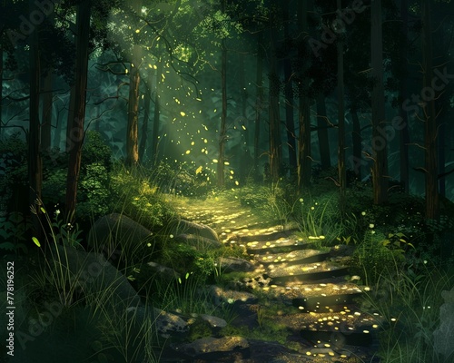 A path through a forest where each footstep triggers a glow, marking achievements with light that guides others forward , no grunge, splash, dust