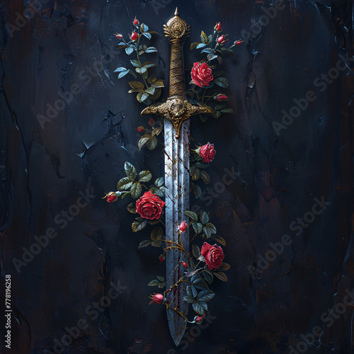 A sword with a golden hilt is entwined with roses against a dark, textured background, symbolizing beauty and danger.