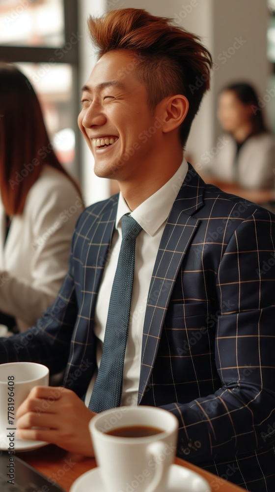 A handsome young Chinese man in a suit is smiling and holding coffee while sitting at his desk, with a laptop on the table. created by ai